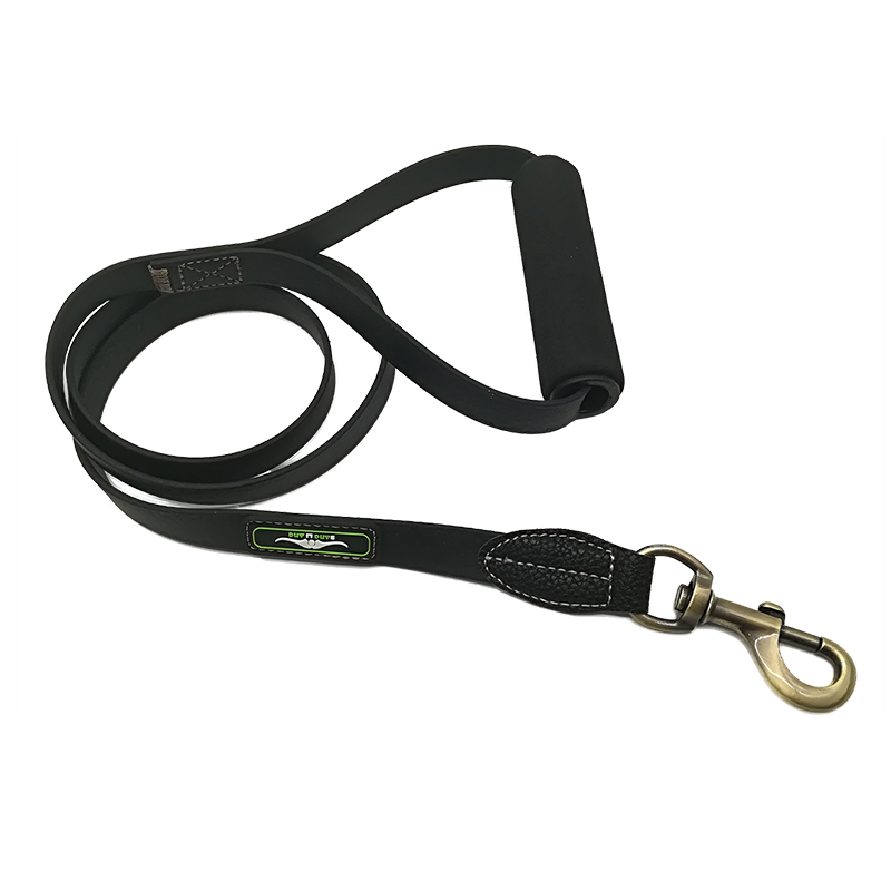 Custom Print Logo Soft Leather Padded Foam Handle Black Rubber Plastic Dog Lead for Yard 50ft